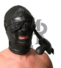 Premium Locking Leather Bondage Hood Mask with Blindfold  Mouth Plug