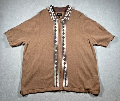 HUF Worldwide Megablast Jacquard Zip Sweater Cotton Short Sleeve Brown Mens XXL