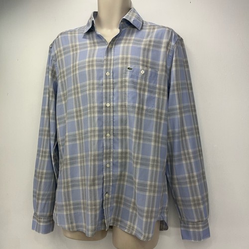Lacoste Check Shirt Mens Large Blue Grey Check Slim Fit Logo Devanlay Size 40 - Picture 4 of 15