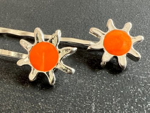 Pair Vintage 1980s Star Sun Silver Plated Enamelled Hair Grips Sliders Pins - Picture 16 of 22
