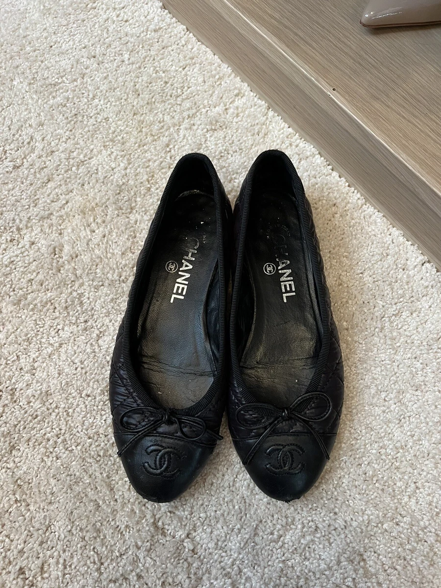 AUTH CHANEL BALLET QUILTED CC FLATS BLACK LEATHER CAP TOE SHOES 36