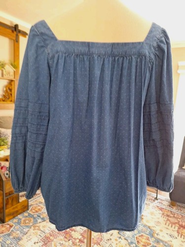 Madewell Denim Square-Neck Pleated Sleeve Top Boho Festival Style Large Womens - Picture 4 of 8