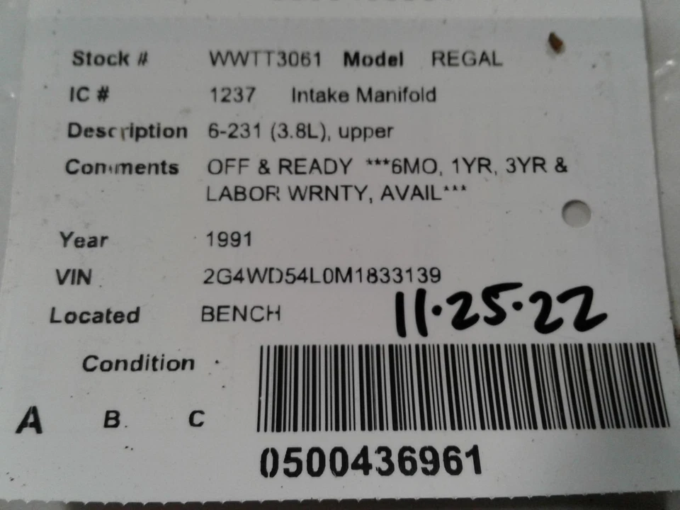 Used Upper Engine Intake Manifold fits: 1991 Buick Regal 6-231 3.8L w/o supercha - Изображение 3 из 4