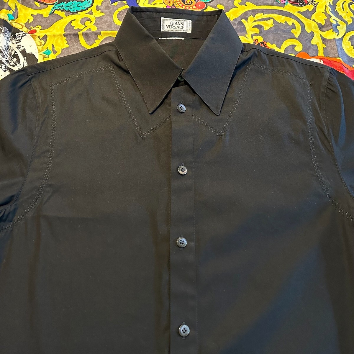1998 GIANNI VERSACE black cotton stretch shirt w/ embroidered
