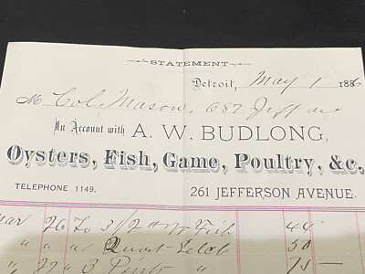 vtg 1886 A W Budlong oysters fish game Poultry letterhead detroit michigan