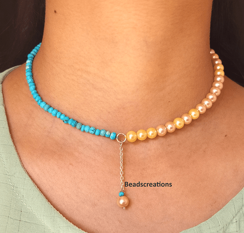 Golden Pearl and Turquoise Beads Chain Necklace Beaded Jewelry Gift Her - Picture 1 of 5