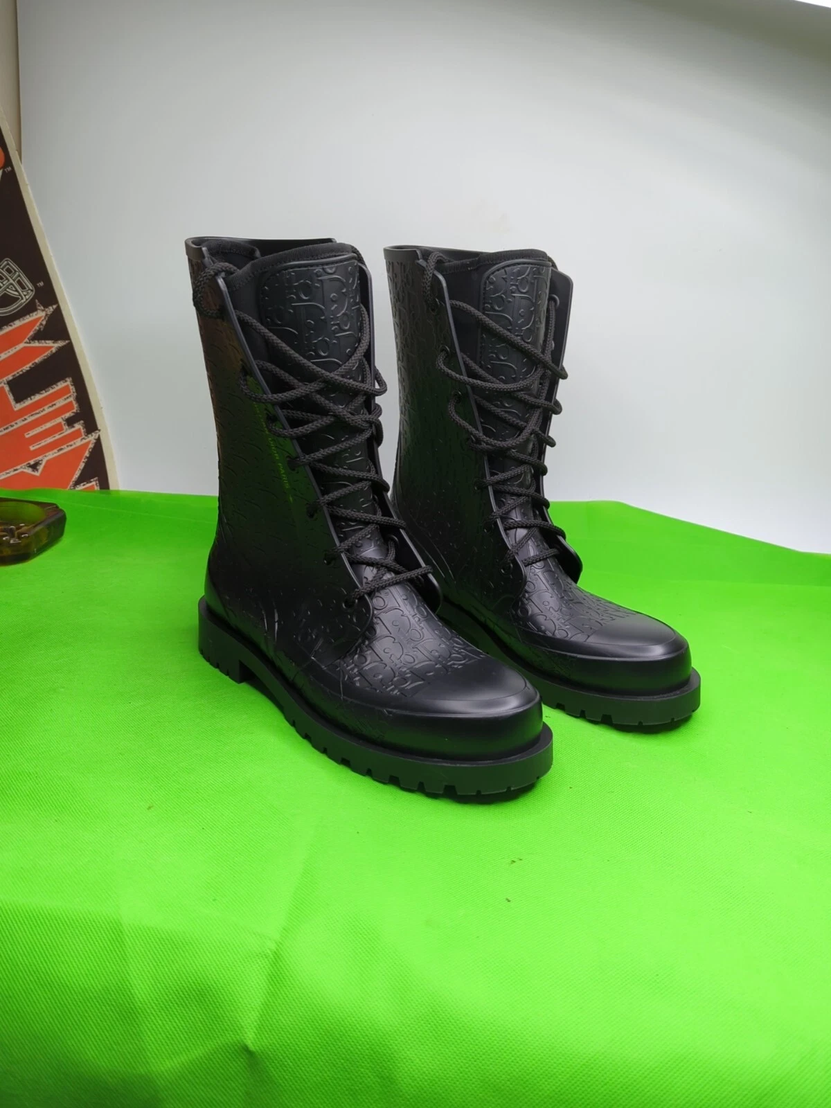 Bottes de pluie imperméables à lacets bout rond caoutchouc noir Dior, femme taille 42