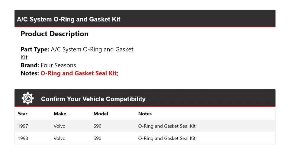 Kit de juntas tóricas y sistema de aire acondicionado Volvo S90 1997-1998 4 estaciones Foto 2 de 4