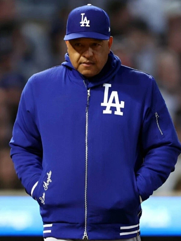 Jaqueta LA Dave Roberts LA Dodgers azul lã estilo bombardeiro jaqueta Varsity - Imagem 3 de 4