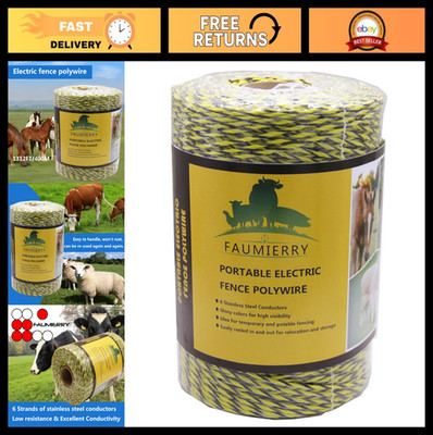 Portable Electric Fence Poly Wire 1312ft, 6 Stainless Steel Conductors, UV & Rus