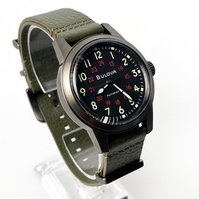 Bulova Men's Watch 98A255 Hack Black Dial Green Leather Strap Automatic Watch