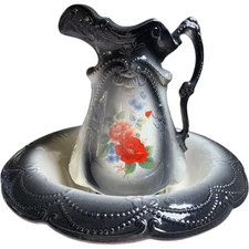 Vintage Black & White Wash Basin & Pitcher Set Embossed Floral Scrolls, Hand-Pai