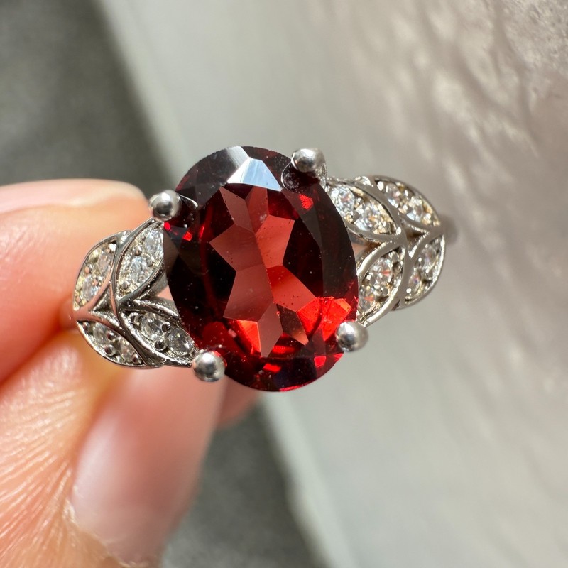 925 Sterling Silver Ring 8x6mm Natural Rhodolite Garnet Gemstone Zircon Flower