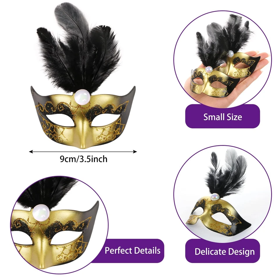12PCS Mini Masks, Mardi Gras, Masquerade Party Decoration, Table, Cupcake, Black Foto 2 de 4