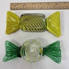 Lot 2 Vintage Murano Style Art Glass Wrapped Candy Green Yellow Stripe 6”x3”