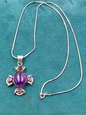 Unikat Handwerk Amethyst Cabochons Anhänger Halskette Silber Halskette