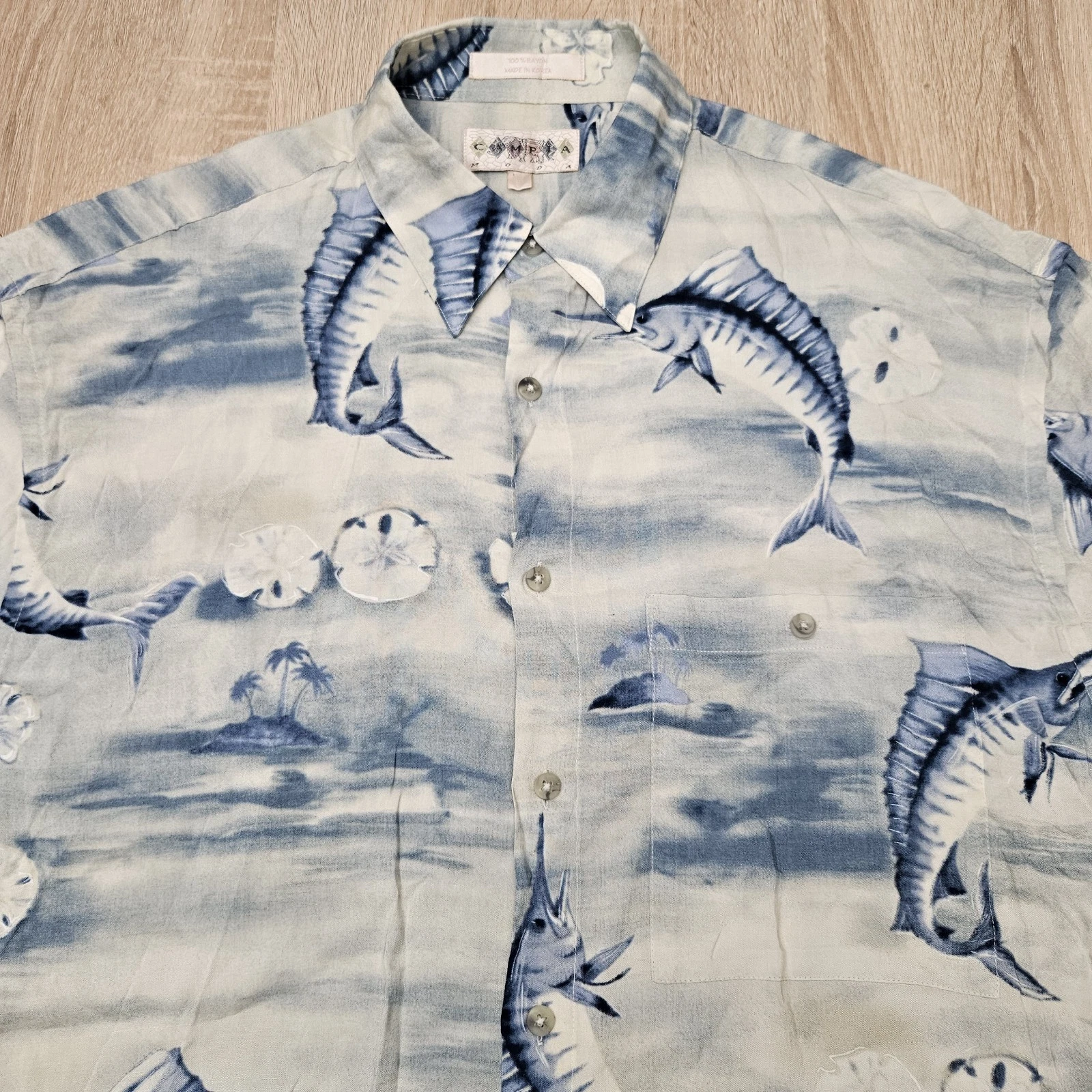 Campia Moda Hawaiian Shirt Mens M Blue Marlin Fish 100% Rayon Korea Aloha EUC