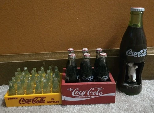 Vintage Coca Cola Miniature Glass Bottles 24 Pack YELLOW Plastic Crate & 6 Pack