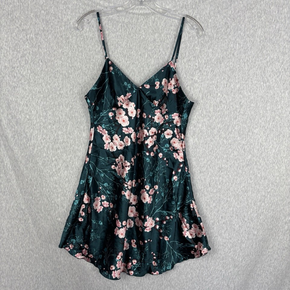Womens M Floral Blossoms Satin Babydoll Slip Mini Dress Dark Green Boho