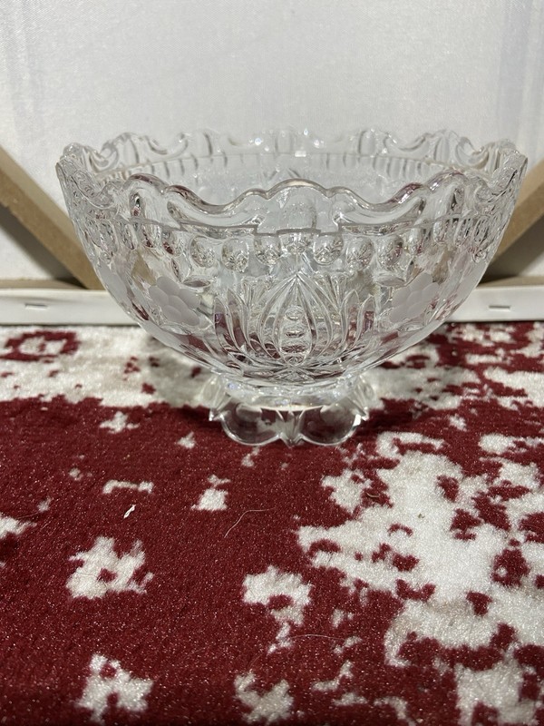 Vintage Footed Crystal Bowl, Scalloped Edge, Frosted Etched Flowers