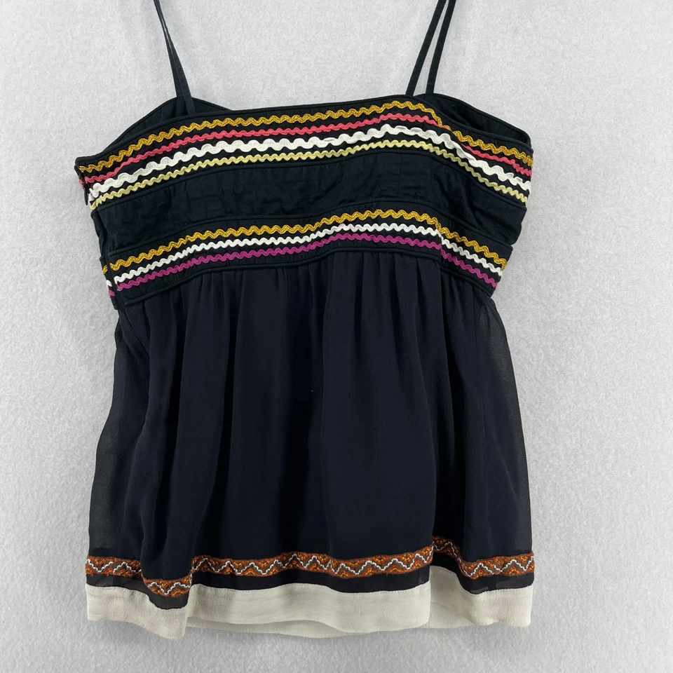 FRENCH CONNECTION Top Mujer 2 Camisola Bordada Ric Rac Rim Boho Negro Foto 3 de 4