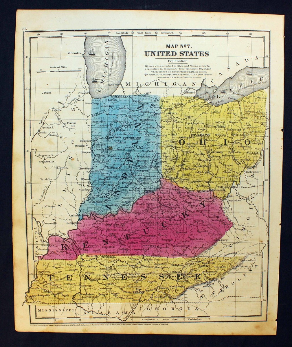 洋楽 Crooked Indiana Cartell 1848 Map Indiana Ohio Kentucky Tennessee Color Steel Engraving
