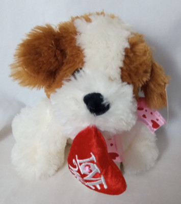 GiftCraft Puppy Stuffed Animal Plushy Valentine Heart in Mouth Brown White 10 in