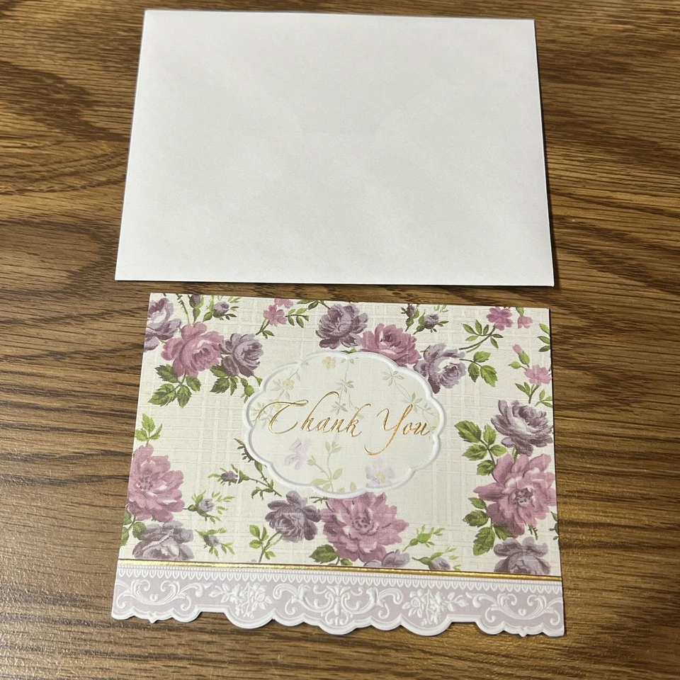 Carol Wilson Rose Garden 8 Lace Border Thank You Blank Notes Purple Flowers USA - Image 3 of 4