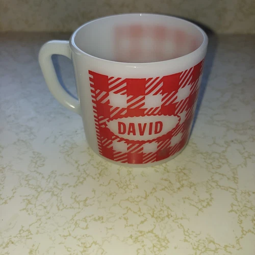 Vintage Westfield Milk Glass Coffee Cup Mug With Name David Red Gingham Plaid
