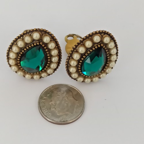 Michal Negrin Clip Earrings Royal Green Crystal Vintage Teardrop Statement Spark - Picture 8 of 12