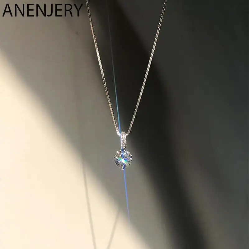 ANENJERY Silver Color Single Zircon Necklace for Women Clavicle Chain Silver...