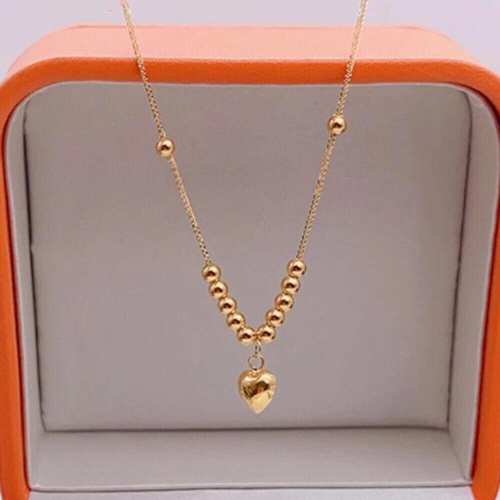 Pure 18K Yellow Gold Chain 2mm Heart Beads Wheat Link