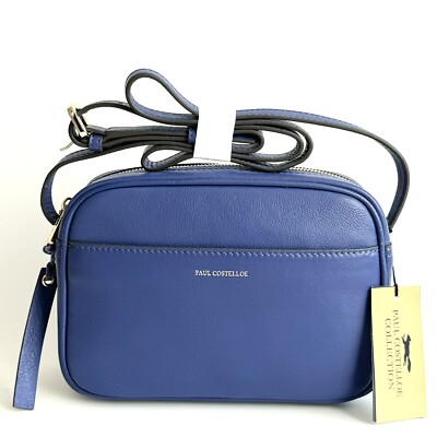 Paul Costelloe Handtasche blau Leder klein Reißverschluss oben Umhängetasche Cooper UVP 150£