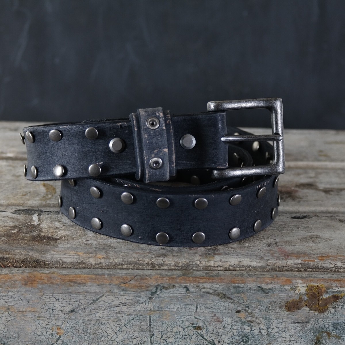 Distressed Leather Belt. Handmade. Studded. 1.5” Wide. BLACK 