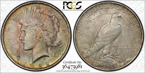 1922 Peace Dollar PCGS toned AU58 rainbow pastel