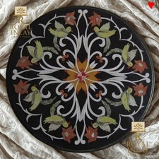 21" Round Pietra dura inlay Table Black Marble Base –Semi-Precious Stone table