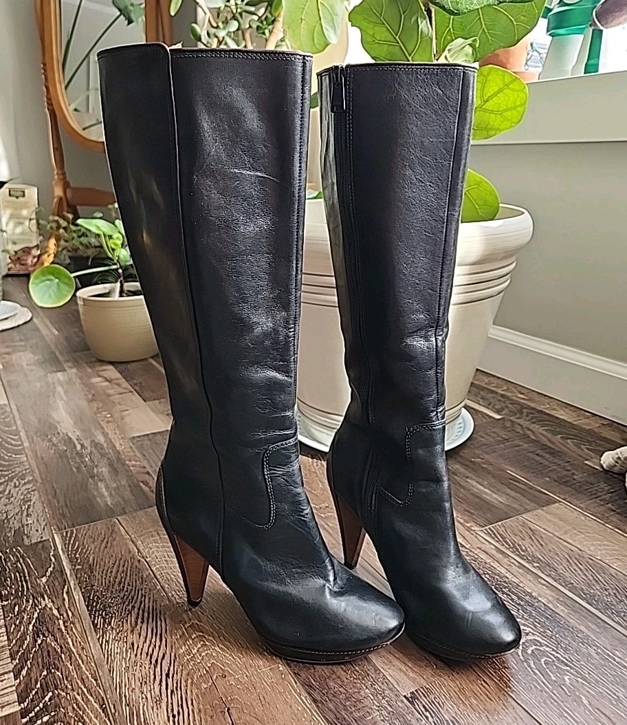 Fossil Knee High Tall Black Leather Side Zip Heeled Boots Size 6