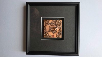 VTG Korean Copper Relief Plaque Ssireum Wrestling Kim Hong-do Framed Wall Art 7''