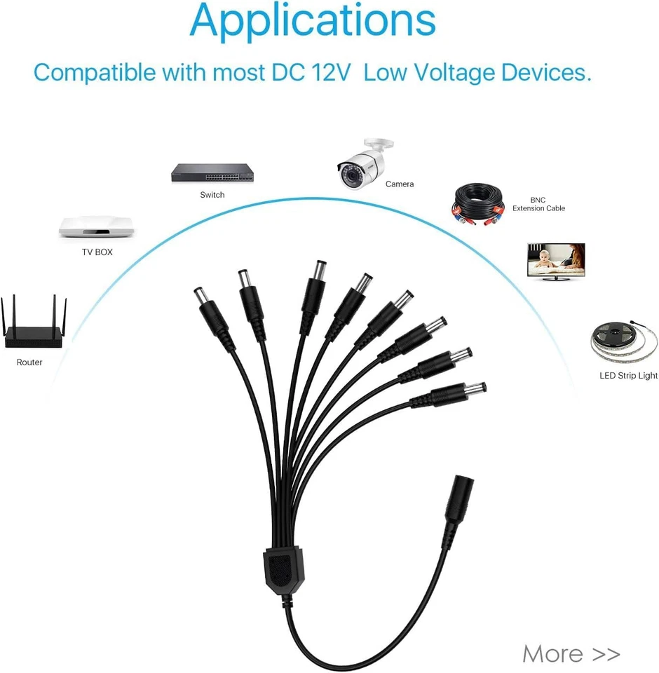 ZOSI DC 1 Female to 8 Male Output Power Splitter Cable Y Adapter for CCTV Access - Image 3 of 4