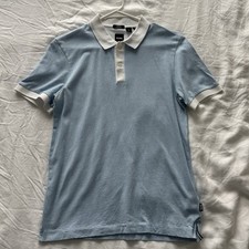 HUGO BOSS Men's Light Blue Polo Shirt White Collar Short Sleeve Print Size Small