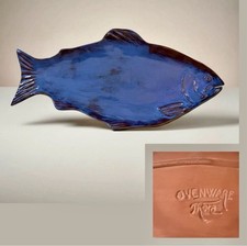17  Vintage Thora Ovenware Fish Platter Blue Glazed Redware Art Pottery-Long HTF