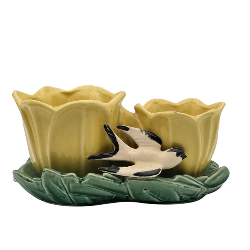 Vintage 1949 McCoy USA Pottery Double Yellow Tulip Planter With Bird MCM