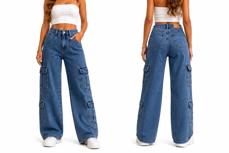 Women's Cargo Jeans Talla M Blue Rigido Casual Ideal Para Cualquier Ocasion