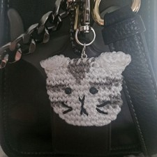Crochet Cat Keychain Charm Accessory White Grey Purse Charm Silver Hardware