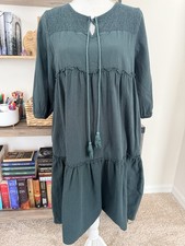 SHEIN Women’s M Dark Green Solid Dress V-Neck Tassel Long Sleeve Knee Length