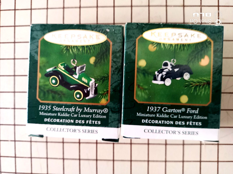 Pair of Miniature Hallmark Kiddie Car Ornaments