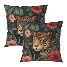 Tropical Flowers Leopard Pillow Covers Palm Monstera Leaves and Hibiscus Flor...