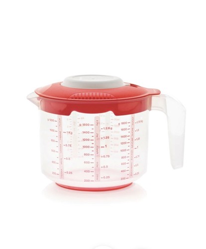 G1) BRAND NEW TUPPERWARE EZ MIX N POUR 2L RED LID CLEAR BASE MIX POUR STORE - Bild 2 von 5