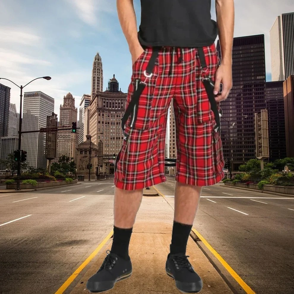 Gothic Bondage Red Plaid Men's Alternative Punk Rock Emo Shorts/USA