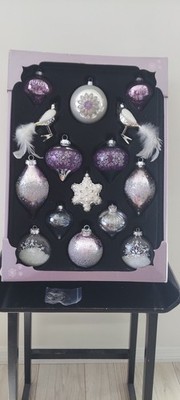 MEMBER's MARK CHRISTMAS GLASS ORNAMENT Med-Large Purple Clear White SET OF 15